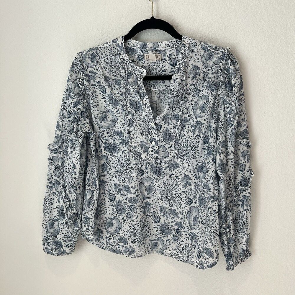 J. CREW POINT SUR BOHEMIAN COTTON RETRO PEASANT TOP Ruffle Sleeve Blue Medium